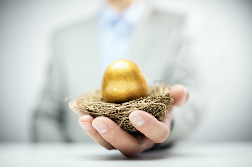 Person holding golden egg on bird's nest in outstretched hand.